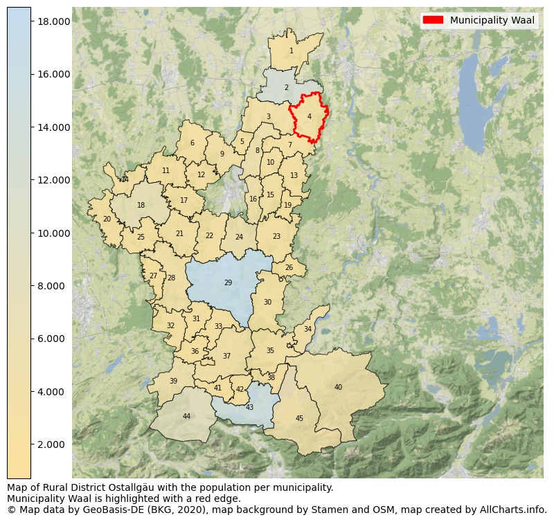 Map of Rural district Ostallgäu with the population per municipality.Municipality Waal is highlighted with a red edge.. This page shows a lot of information about residents (such as the distribution by age groups, family composition, gender, native or German with an immigration background, ...), homes (numbers, types, price development, use, type of property, ...) and more (car ownership, energy consumption, ...) based on open data from the German Federal Agency for Cartography, the Federal Statistical Office (DESTATIS), the Regional Statistical Offices and various other sources!
