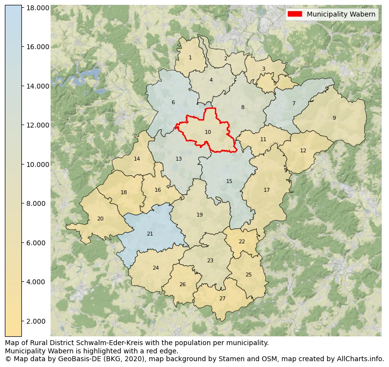 Map of Rural district Schwalm-Eder-Kreis with the population per municipality.Municipality Wabern is highlighted with a red edge.. This page shows a lot of information about residents (such as the distribution by age groups, family composition, gender, native or German with an immigration background, ...), homes (numbers, types, price development, use, type of property, ...) and more (car ownership, energy consumption, ...) based on open data from the German Federal Agency for Cartography, the Federal Statistical Office (DESTATIS), the Regional Statistical Offices and various other sources!