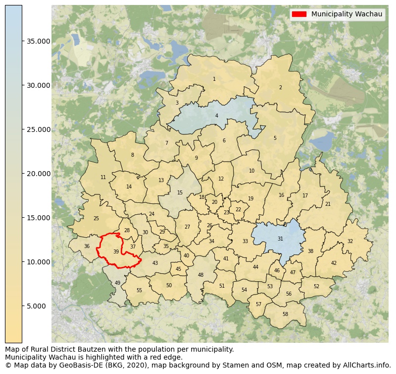 Map of Rural district Bautzen with the population per municipality.Municipality Wachau is highlighted with a red edge.. This page shows a lot of information about residents (such as the distribution by age groups, family composition, gender, native or German with an immigration background, ...), homes (numbers, types, price development, use, type of property, ...) and more (car ownership, energy consumption, ...) based on open data from the German Federal Agency for Cartography, the Federal Statistical Office (DESTATIS), the Regional Statistical Offices and various other sources!