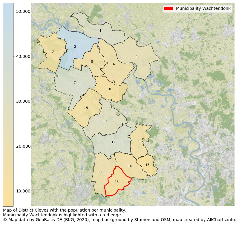 Map of District Cleves with the population per municipality.Municipality Wachtendonk is highlighted with a red edge.. This page shows a lot of information about residents (such as the distribution by age groups, family composition, gender, native or German with an immigration background, ...), homes (numbers, types, price development, use, type of property, ...) and more (car ownership, energy consumption, ...) based on open data from the German Federal Agency for Cartography, the Federal Statistical Office (DESTATIS), the Regional Statistical Offices and various other sources!