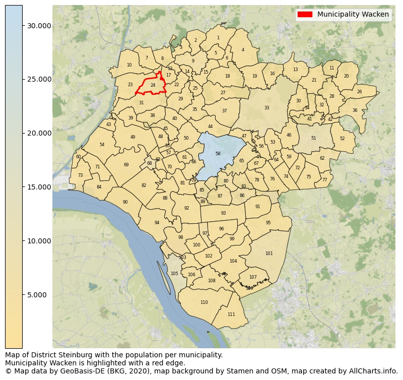 Map of District Steinburg with the population per municipality.Municipality Wacken is highlighted with a red edge.. This page shows a lot of information about residents (such as the distribution by age groups, family composition, gender, native or German with an immigration background, ...), homes (numbers, types, price development, use, type of property, ...) and more (car ownership, energy consumption, ...) based on open data from the German Federal Agency for Cartography, the Federal Statistical Office (DESTATIS), the Regional Statistical Offices and various other sources!