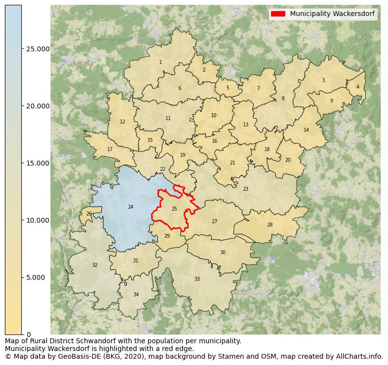 Map of Rural district Schwandorf with the population per municipality.Municipality Wackersdorf is highlighted with a red edge.. This page shows a lot of information about residents (such as the distribution by age groups, family composition, gender, native or German with an immigration background, ...), homes (numbers, types, price development, use, type of property, ...) and more (car ownership, energy consumption, ...) based on open data from the German Federal Agency for Cartography, the Federal Statistical Office (DESTATIS), the Regional Statistical Offices and various other sources!