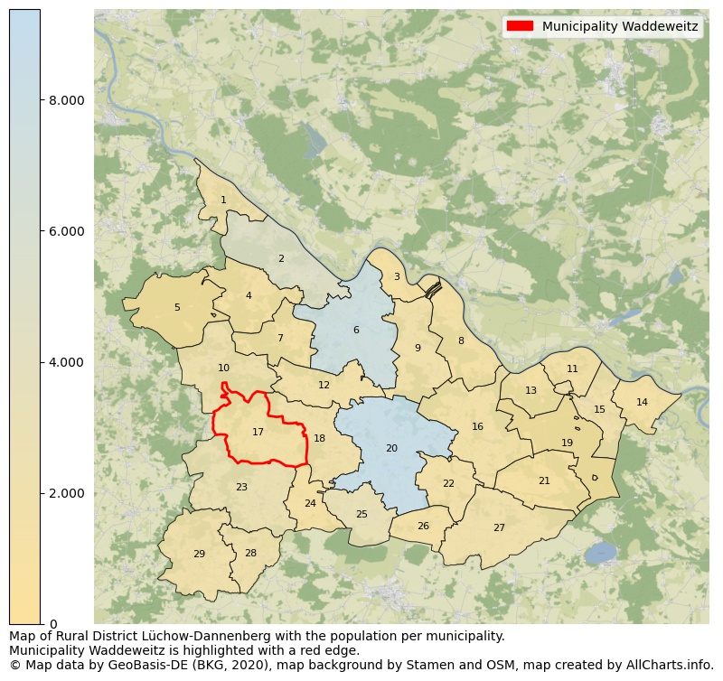 Map of Rural district Lüchow-Dannenberg with the population per municipality.Municipality Waddeweitz is highlighted with a red edge.. This page shows a lot of information about residents (such as the distribution by age groups, family composition, gender, native or German with an immigration background, ...), homes (numbers, types, price development, use, type of property, ...) and more (car ownership, energy consumption, ...) based on open data from the German Federal Agency for Cartography, the Federal Statistical Office (DESTATIS), the Regional Statistical Offices and various other sources!