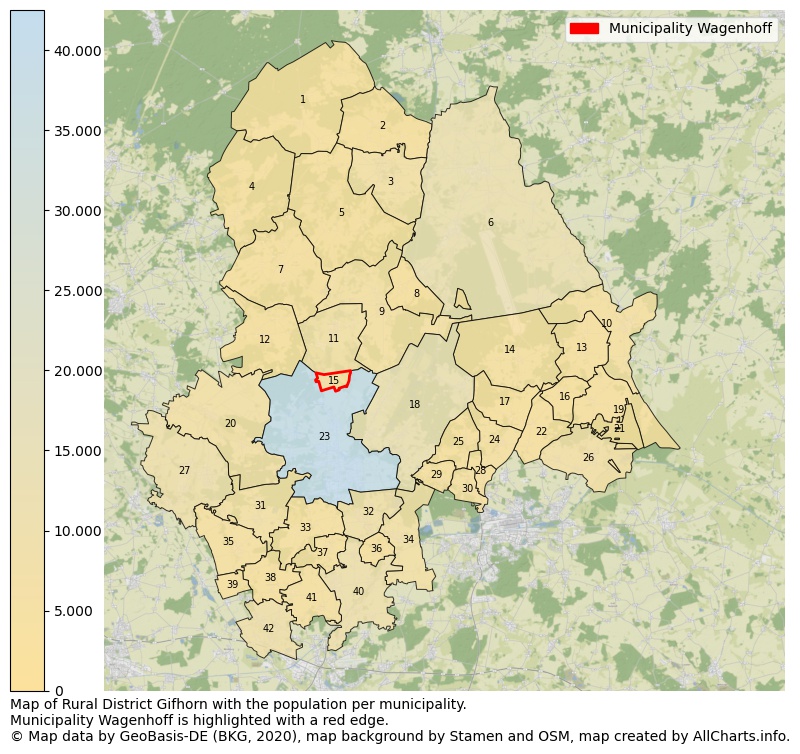 Map of Rural district Gifhorn with the population per municipality.Municipality Wagenhoff is highlighted with a red edge.. This page shows a lot of information about residents (such as the distribution by age groups, family composition, gender, native or German with an immigration background, ...), homes (numbers, types, price development, use, type of property, ...) and more (car ownership, energy consumption, ...) based on open data from the German Federal Agency for Cartography, the Federal Statistical Office (DESTATIS), the Regional Statistical Offices and various other sources!