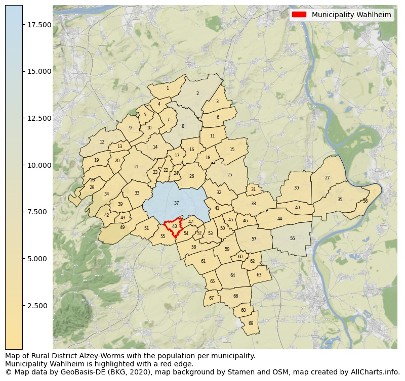 Map of Rural district Alzey-Worms with the population per municipality.Municipality Wahlheim is highlighted with a red edge.. This page shows a lot of information about residents (such as the distribution by age groups, family composition, gender, native or German with an immigration background, ...), homes (numbers, types, price development, use, type of property, ...) and more (car ownership, energy consumption, ...) based on open data from the German Federal Agency for Cartography, the Federal Statistical Office (DESTATIS), the Regional Statistical Offices and various other sources!