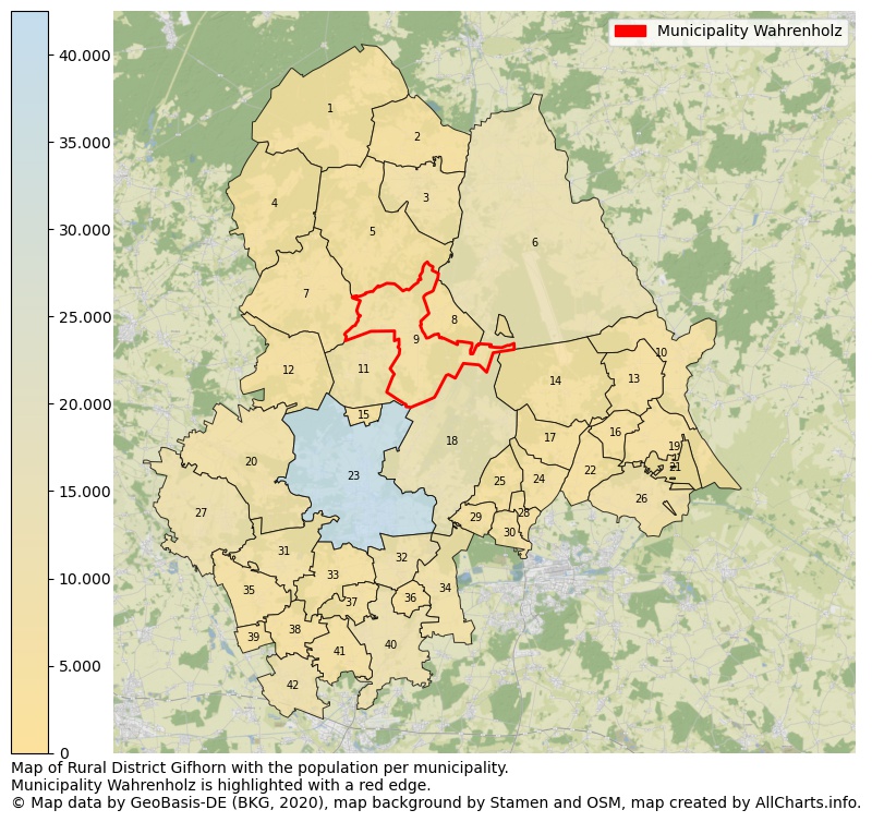 Map of Rural district Gifhorn with the population per municipality.Municipality Wahrenholz is highlighted with a red edge.. This page shows a lot of information about residents (such as the distribution by age groups, family composition, gender, native or German with an immigration background, ...), homes (numbers, types, price development, use, type of property, ...) and more (car ownership, energy consumption, ...) based on open data from the German Federal Agency for Cartography, the Federal Statistical Office (DESTATIS), the Regional Statistical Offices and various other sources!