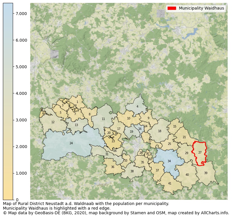 Map of Rural district Neustadt a.d. Waldnaab with the population per municipality.Municipality Waidhaus is highlighted with a red edge.. This page shows a lot of information about residents (such as the distribution by age groups, family composition, gender, native or German with an immigration background, ...), homes (numbers, types, price development, use, type of property, ...) and more (car ownership, energy consumption, ...) based on open data from the German Federal Agency for Cartography, the Federal Statistical Office (DESTATIS), the Regional Statistical Offices and various other sources!