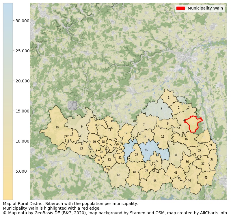 Map of Rural district Biberach with the population per municipality.Municipality Wain is highlighted with a red edge.. This page shows a lot of information about residents (such as the distribution by age groups, family composition, gender, native or German with an immigration background, ...), homes (numbers, types, price development, use, type of property, ...) and more (car ownership, energy consumption, ...) based on open data from the German Federal Agency for Cartography, the Federal Statistical Office (DESTATIS), the Regional Statistical Offices and various other sources!