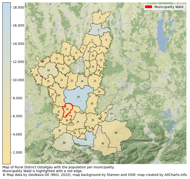 Map of Rural district Ostallgäu with the population per municipality.Municipality Wald is highlighted with a red edge.. This page shows a lot of information about residents (such as the distribution by age groups, family composition, gender, native or German with an immigration background, ...), homes (numbers, types, price development, use, type of property, ...) and more (car ownership, energy consumption, ...) based on open data from the German Federal Agency for Cartography, the Federal Statistical Office (DESTATIS), the Regional Statistical Offices and various other sources!