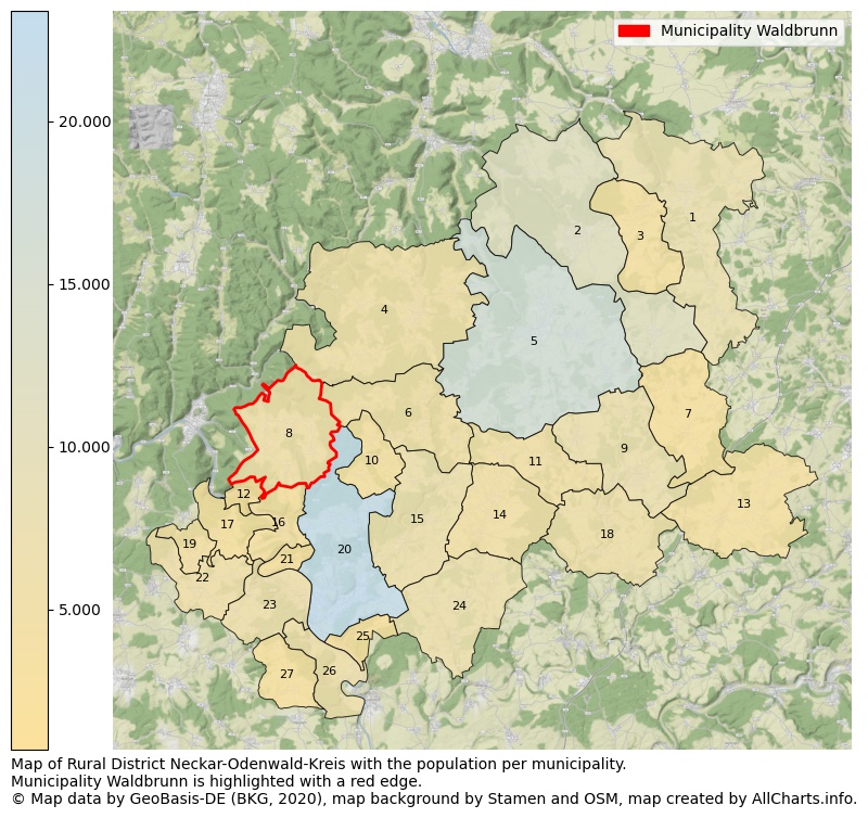 Map of Rural district Neckar-Odenwald-Kreis with the population per municipality.Municipality Waldbrunn is highlighted with a red edge.. This page shows a lot of information about residents (such as the distribution by age groups, family composition, gender, native or German with an immigration background, ...), homes (numbers, types, price development, use, type of property, ...) and more (car ownership, energy consumption, ...) based on open data from the German Federal Agency for Cartography, the Federal Statistical Office (DESTATIS), the Regional Statistical Offices and various other sources!