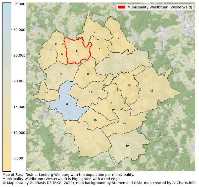 Map of Rural district Limburg-Weilburg with the population per municipality.Municipality Waldbrunn (Westerwald) is highlighted with a red edge.. This page shows a lot of information about residents (such as the distribution by age groups, family composition, gender, native or German with an immigration background, ...), homes (numbers, types, price development, use, type of property, ...) and more (car ownership, energy consumption, ...) based on open data from the German Federal Agency for Cartography, the Federal Statistical Office (DESTATIS), the Regional Statistical Offices and various other sources!