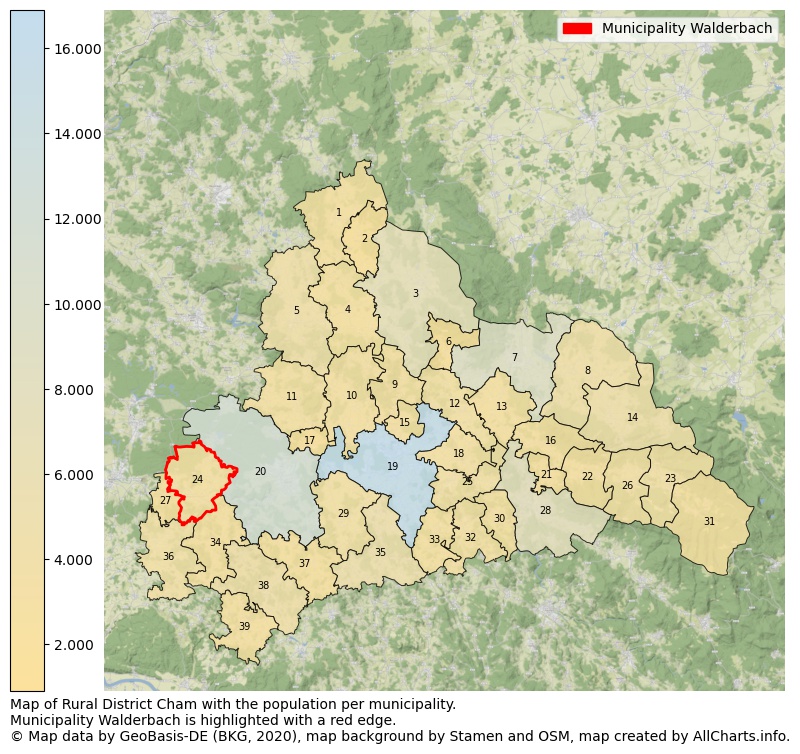 Map of Rural district Cham with the population per municipality.Municipality Walderbach is highlighted with a red edge.. This page shows a lot of information about residents (such as the distribution by age groups, family composition, gender, native or German with an immigration background, ...), homes (numbers, types, price development, use, type of property, ...) and more (car ownership, energy consumption, ...) based on open data from the German Federal Agency for Cartography, the Federal Statistical Office (DESTATIS), the Regional Statistical Offices and various other sources!