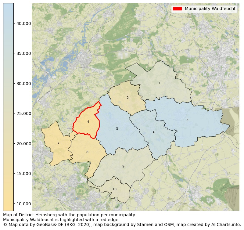 Map of District Heinsberg with the population per municipality.Municipality Waldfeucht is highlighted with a red edge.. This page shows a lot of information about residents (such as the distribution by age groups, family composition, gender, native or German with an immigration background, ...), homes (numbers, types, price development, use, type of property, ...) and more (car ownership, energy consumption, ...) based on open data from the German Federal Agency for Cartography, the Federal Statistical Office (DESTATIS), the Regional Statistical Offices and various other sources!