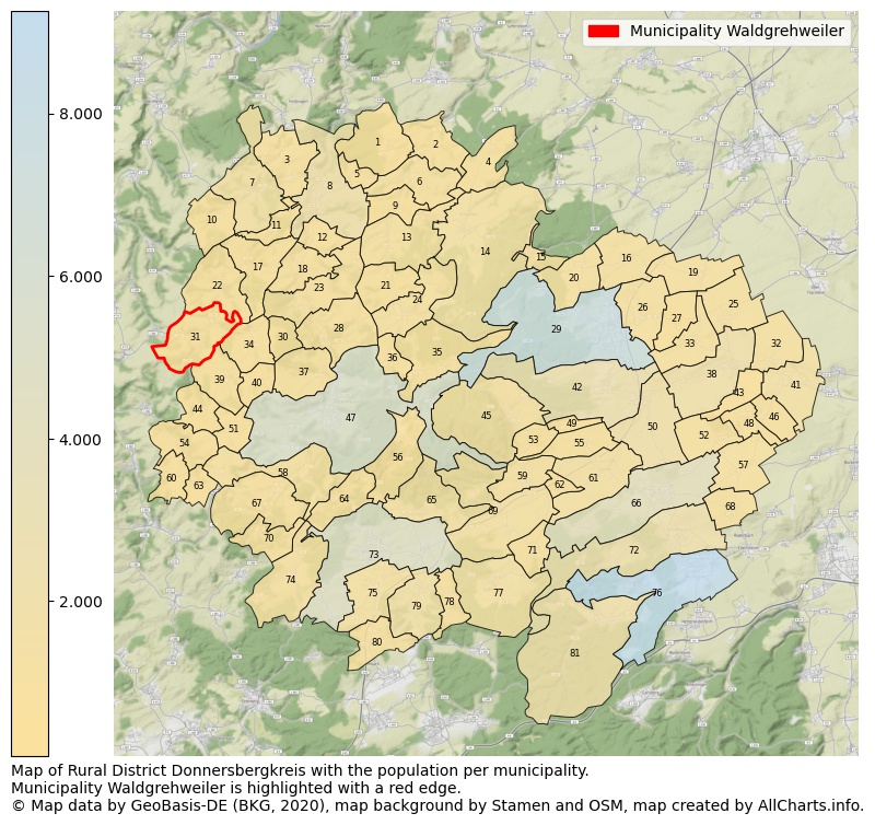 Map of Rural district Donnersbergkreis with the population per municipality.Municipality Waldgrehweiler is highlighted with a red edge.. This page shows a lot of information about residents (such as the distribution by age groups, family composition, gender, native or German with an immigration background, ...), homes (numbers, types, price development, use, type of property, ...) and more (car ownership, energy consumption, ...) based on open data from the German Federal Agency for Cartography, the Federal Statistical Office (DESTATIS), the Regional Statistical Offices and various other sources!