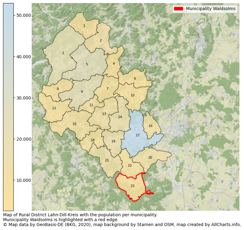Map of Rural district Lahn-Dill-Kreis with the population per municipality.Municipality Waldsolms is highlighted with a red edge.. This page shows a lot of information about residents (such as the distribution by age groups, family composition, gender, native or German with an immigration background, ...), homes (numbers, types, price development, use, type of property, ...) and more (car ownership, energy consumption, ...) based on open data from the German Federal Agency for Cartography, the Federal Statistical Office (DESTATIS), the Regional Statistical Offices and various other sources!