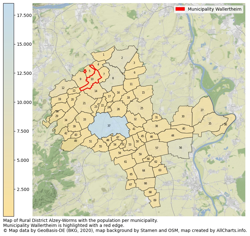 Map of Rural district Alzey-Worms with the population per municipality.Municipality Wallertheim is highlighted with a red edge.. This page shows a lot of information about residents (such as the distribution by age groups, family composition, gender, native or German with an immigration background, ...), homes (numbers, types, price development, use, type of property, ...) and more (car ownership, energy consumption, ...) based on open data from the German Federal Agency for Cartography, the Federal Statistical Office (DESTATIS), the Regional Statistical Offices and various other sources!