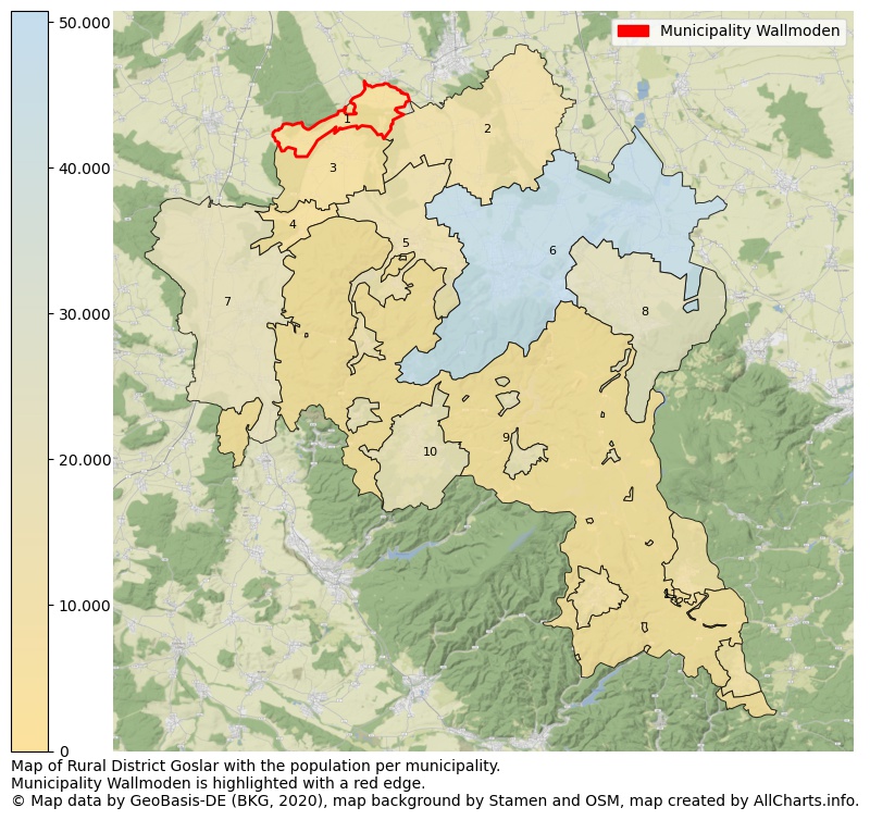 Map of Rural district Goslar with the population per municipality.Municipality Wallmoden is highlighted with a red edge.. This page shows a lot of information about residents (such as the distribution by age groups, family composition, gender, native or German with an immigration background, ...), homes (numbers, types, price development, use, type of property, ...) and more (car ownership, energy consumption, ...) based on open data from the German Federal Agency for Cartography, the Federal Statistical Office (DESTATIS), the Regional Statistical Offices and various other sources!