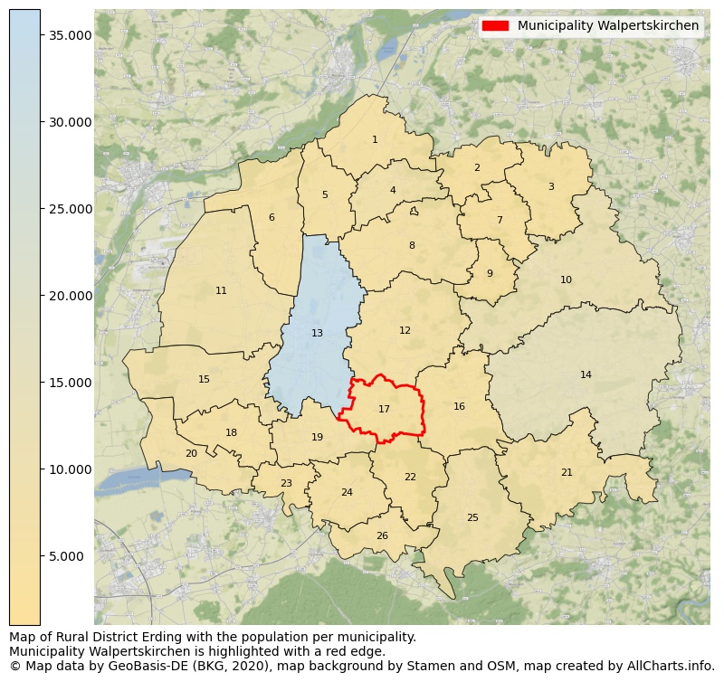 Map of Rural district Erding with the population per municipality.Municipality Walpertskirchen is highlighted with a red edge.. This page shows a lot of information about residents (such as the distribution by age groups, family composition, gender, native or German with an immigration background, ...), homes (numbers, types, price development, use, type of property, ...) and more (car ownership, energy consumption, ...) based on open data from the German Federal Agency for Cartography, the Federal Statistical Office (DESTATIS), the Regional Statistical Offices and various other sources!