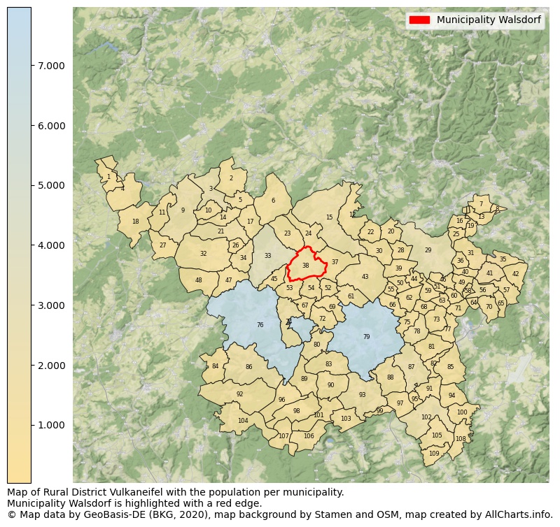 Map of Rural district Vulkaneifel with the population per municipality.Municipality Walsdorf is highlighted with a red edge.. This page shows a lot of information about residents (such as the distribution by age groups, family composition, gender, native or German with an immigration background, ...), homes (numbers, types, price development, use, type of property, ...) and more (car ownership, energy consumption, ...) based on open data from the German Federal Agency for Cartography, the Federal Statistical Office (DESTATIS), the Regional Statistical Offices and various other sources!