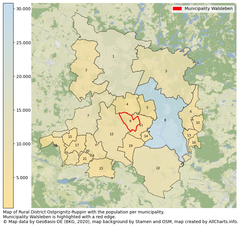 Map of Rural district Ostprignitz-Ruppin with the population per municipality.Municipality Walsleben is highlighted with a red edge.. This page shows a lot of information about residents (such as the distribution by age groups, family composition, gender, native or German with an immigration background, ...), homes (numbers, types, price development, use, type of property, ...) and more (car ownership, energy consumption, ...) based on open data from the German Federal Agency for Cartography, the Federal Statistical Office (DESTATIS), the Regional Statistical Offices and various other sources!