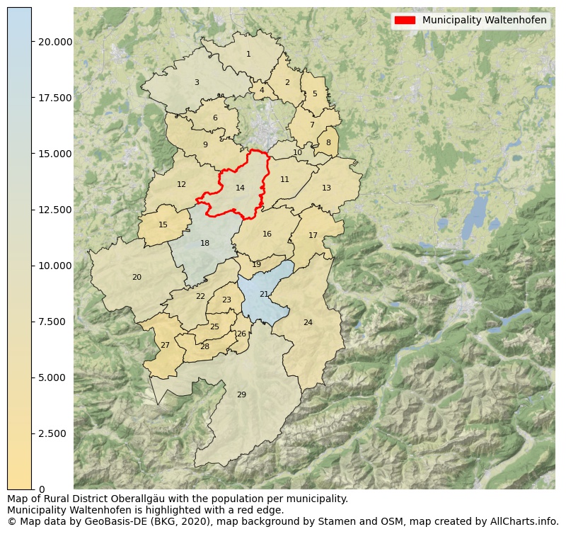 Map of Rural district Oberallgäu with the population per municipality.Municipality Waltenhofen is highlighted with a red edge.. This page shows a lot of information about residents (such as the distribution by age groups, family composition, gender, native or German with an immigration background, ...), homes (numbers, types, price development, use, type of property, ...) and more (car ownership, energy consumption, ...) based on open data from the German Federal Agency for Cartography, the Federal Statistical Office (DESTATIS), the Regional Statistical Offices and various other sources!