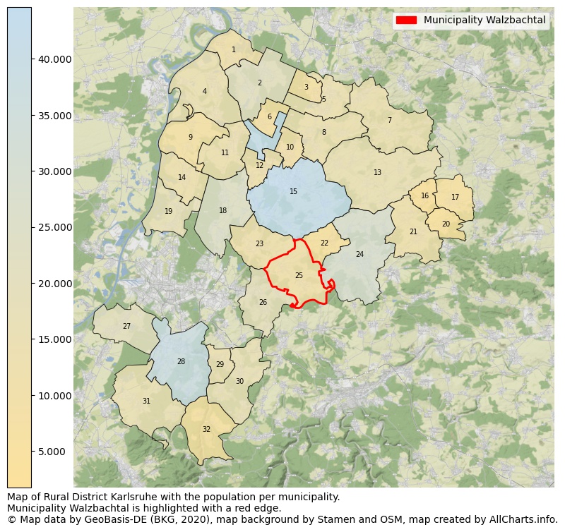 Map of Rural district Karlsruhe with the population per municipality.Municipality Walzbachtal is highlighted with a red edge.. This page shows a lot of information about residents (such as the distribution by age groups, family composition, gender, native or German with an immigration background, ...), homes (numbers, types, price development, use, type of property, ...) and more (car ownership, energy consumption, ...) based on open data from the German Federal Agency for Cartography, the Federal Statistical Office (DESTATIS), the Regional Statistical Offices and various other sources!