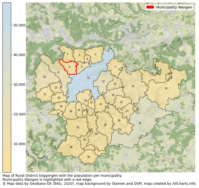 Map of Rural district Göppingen with the population per municipality.Municipality Wangen is highlighted with a red edge.. This page shows a lot of information about residents (such as the distribution by age groups, family composition, gender, native or German with an immigration background, ...), homes (numbers, types, price development, use, type of property, ...) and more (car ownership, energy consumption, ...) based on open data from the German Federal Agency for Cartography, the Federal Statistical Office (DESTATIS), the Regional Statistical Offices and various other sources!