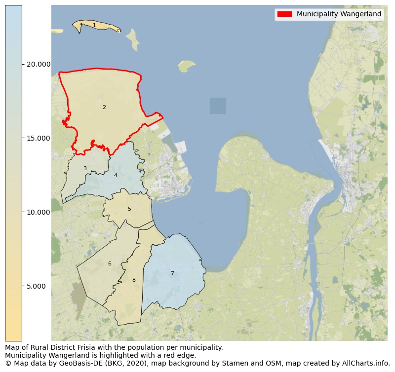 Map of Rural district Frisia with the population per municipality.Municipality Wangerland is highlighted with a red edge.. This page shows a lot of information about residents (such as the distribution by age groups, family composition, gender, native or German with an immigration background, ...), homes (numbers, types, price development, use, type of property, ...) and more (car ownership, energy consumption, ...) based on open data from the German Federal Agency for Cartography, the Federal Statistical Office (DESTATIS), the Regional Statistical Offices and various other sources!