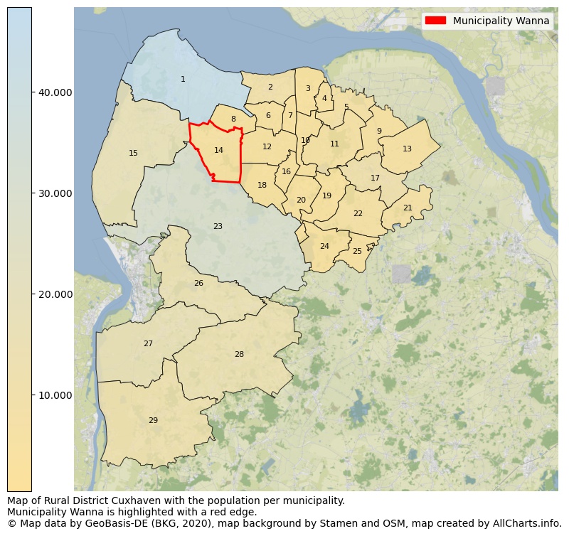 Map of Rural district Cuxhaven with the population per municipality.Municipality Wanna is highlighted with a red edge.. This page shows a lot of information about residents (such as the distribution by age groups, family composition, gender, native or German with an immigration background, ...), homes (numbers, types, price development, use, type of property, ...) and more (car ownership, energy consumption, ...) based on open data from the German Federal Agency for Cartography, the Federal Statistical Office (DESTATIS), the Regional Statistical Offices and various other sources!