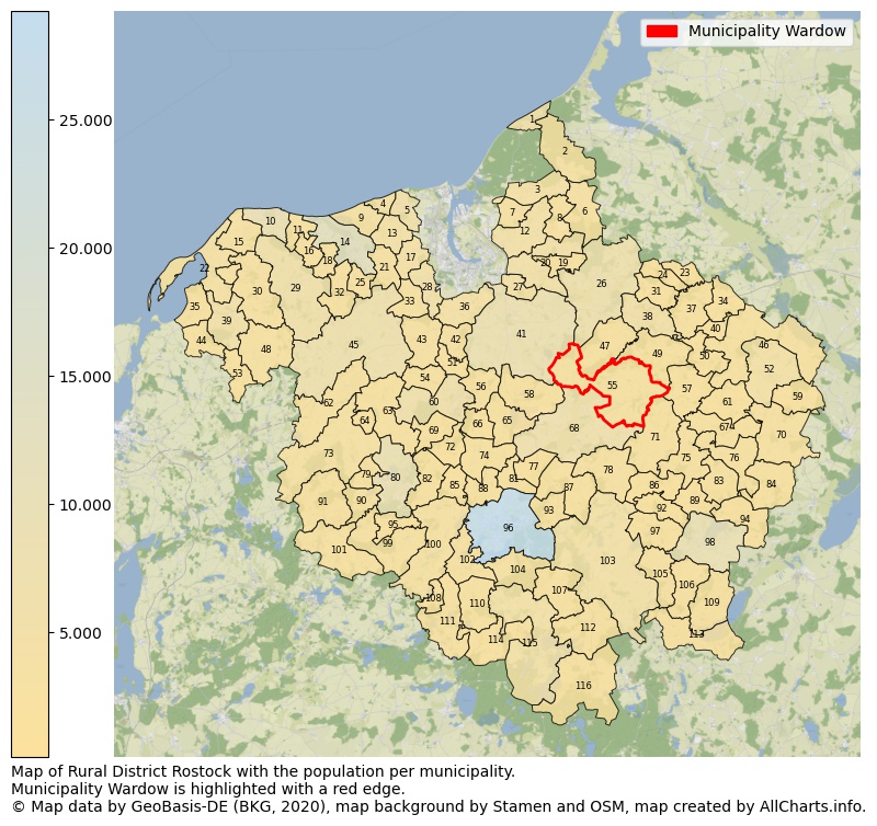 Map of Rural district Rostock with the population per municipality.Municipality Wardow is highlighted with a red edge.. This page shows a lot of information about residents (such as the distribution by age groups, family composition, gender, native or German with an immigration background, ...), homes (numbers, types, price development, use, type of property, ...) and more (car ownership, energy consumption, ...) based on open data from the German Federal Agency for Cartography, the Federal Statistical Office (DESTATIS), the Regional Statistical Offices and various other sources!