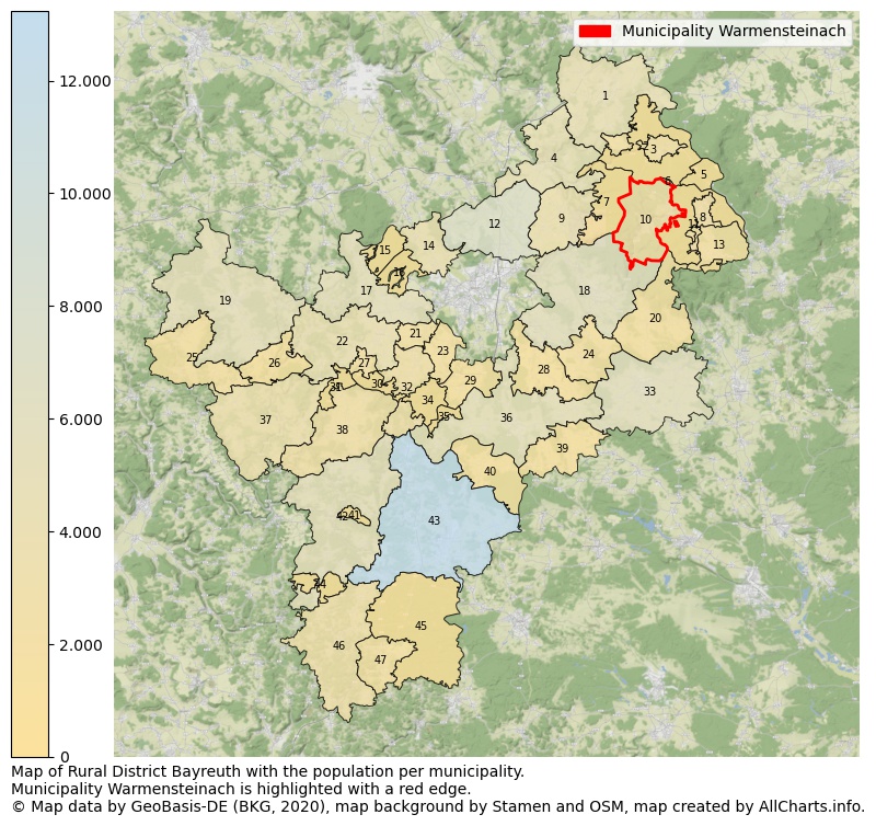 Map of Rural district Bayreuth with the population per municipality.Municipality Warmensteinach is highlighted with a red edge.. This page shows a lot of information about residents (such as the distribution by age groups, family composition, gender, native or German with an immigration background, ...), homes (numbers, types, price development, use, type of property, ...) and more (car ownership, energy consumption, ...) based on open data from the German Federal Agency for Cartography, the Federal Statistical Office (DESTATIS), the Regional Statistical Offices and various other sources!