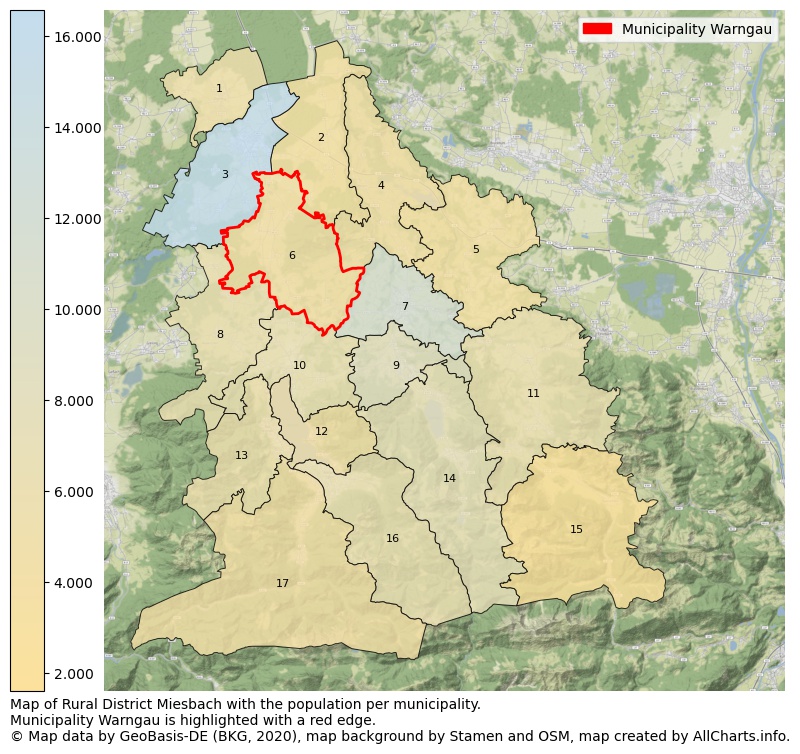 Map of Rural district Miesbach with the population per municipality.Municipality Warngau is highlighted with a red edge.. This page shows a lot of information about residents (such as the distribution by age groups, family composition, gender, native or German with an immigration background, ...), homes (numbers, types, price development, use, type of property, ...) and more (car ownership, energy consumption, ...) based on open data from the German Federal Agency for Cartography, the Federal Statistical Office (DESTATIS), the Regional Statistical Offices and various other sources!