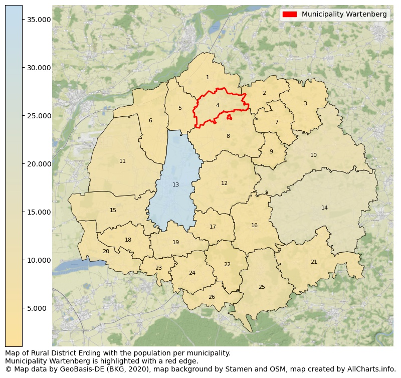 Map of Rural district Erding with the population per municipality.Municipality Wartenberg is highlighted with a red edge.. This page shows a lot of information about residents (such as the distribution by age groups, family composition, gender, native or German with an immigration background, ...), homes (numbers, types, price development, use, type of property, ...) and more (car ownership, energy consumption, ...) based on open data from the German Federal Agency for Cartography, the Federal Statistical Office (DESTATIS), the Regional Statistical Offices and various other sources!