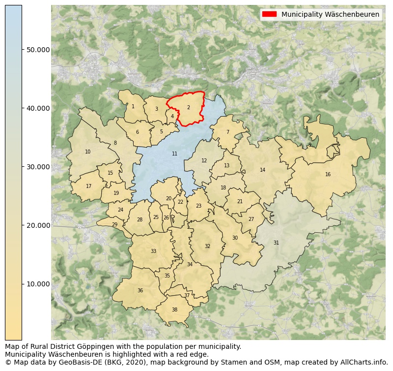 Map of Rural district Göppingen with the population per municipality.Municipality Wäschenbeuren is highlighted with a red edge.. This page shows a lot of information about residents (such as the distribution by age groups, family composition, gender, native or German with an immigration background, ...), homes (numbers, types, price development, use, type of property, ...) and more (car ownership, energy consumption, ...) based on open data from the German Federal Agency for Cartography, the Federal Statistical Office (DESTATIS), the Regional Statistical Offices and various other sources!