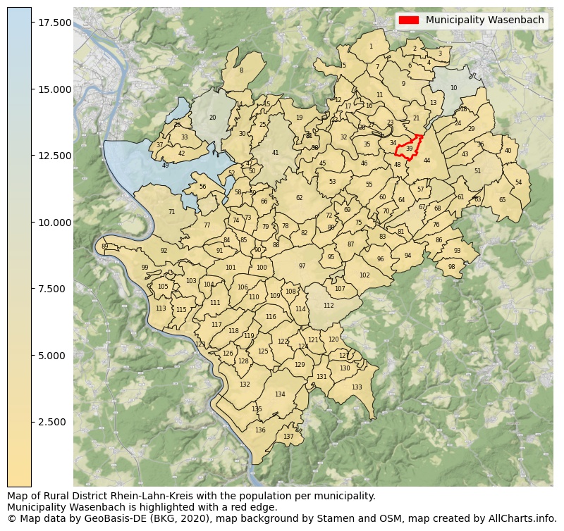 Map of Rural district Rhein-Lahn-Kreis with the population per municipality.Municipality Wasenbach is highlighted with a red edge.. This page shows a lot of information about residents (such as the distribution by age groups, family composition, gender, native or German with an immigration background, ...), homes (numbers, types, price development, use, type of property, ...) and more (car ownership, energy consumption, ...) based on open data from the German Federal Agency for Cartography, the Federal Statistical Office (DESTATIS), the Regional Statistical Offices and various other sources!