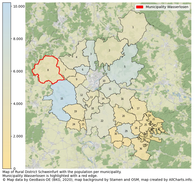 Map of Rural district Schweinfurt with the population per municipality.Municipality Wasserlosen is highlighted with a red edge.. This page shows a lot of information about residents (such as the distribution by age groups, family composition, gender, native or German with an immigration background, ...), homes (numbers, types, price development, use, type of property, ...) and more (car ownership, energy consumption, ...) based on open data from the German Federal Agency for Cartography, the Federal Statistical Office (DESTATIS), the Regional Statistical Offices and various other sources!
