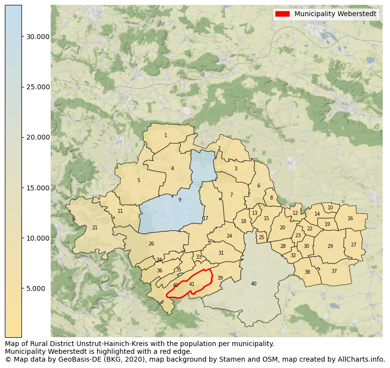 Map of Rural district Unstrut-Hainich-Kreis with the population per municipality.Municipality Weberstedt is highlighted with a red edge.. This page shows a lot of information about residents (such as the distribution by age groups, family composition, gender, native or German with an immigration background, ...), homes (numbers, types, price development, use, type of property, ...) and more (car ownership, energy consumption, ...) based on open data from the German Federal Agency for Cartography, the Federal Statistical Office (DESTATIS), the Regional Statistical Offices and various other sources!