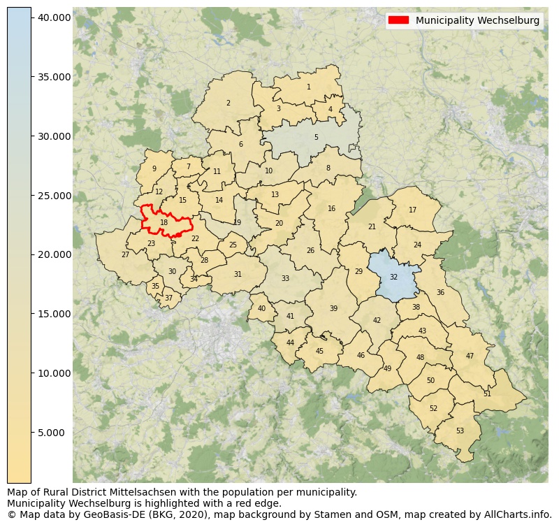 Map of Rural district Mittelsachsen with the population per municipality.Municipality Wechselburg is highlighted with a red edge.. This page shows a lot of information about residents (such as the distribution by age groups, family composition, gender, native or German with an immigration background, ...), homes (numbers, types, price development, use, type of property, ...) and more (car ownership, energy consumption, ...) based on open data from the German Federal Agency for Cartography, the Federal Statistical Office (DESTATIS), the Regional Statistical Offices and various other sources!