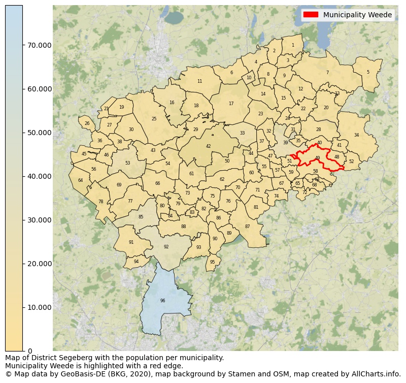 Map of District Segeberg with the population per municipality.Municipality Weede is highlighted with a red edge.. This page shows a lot of information about residents (such as the distribution by age groups, family composition, gender, native or German with an immigration background, ...), homes (numbers, types, price development, use, type of property, ...) and more (car ownership, energy consumption, ...) based on open data from the German Federal Agency for Cartography, the Federal Statistical Office (DESTATIS), the Regional Statistical Offices and various other sources!