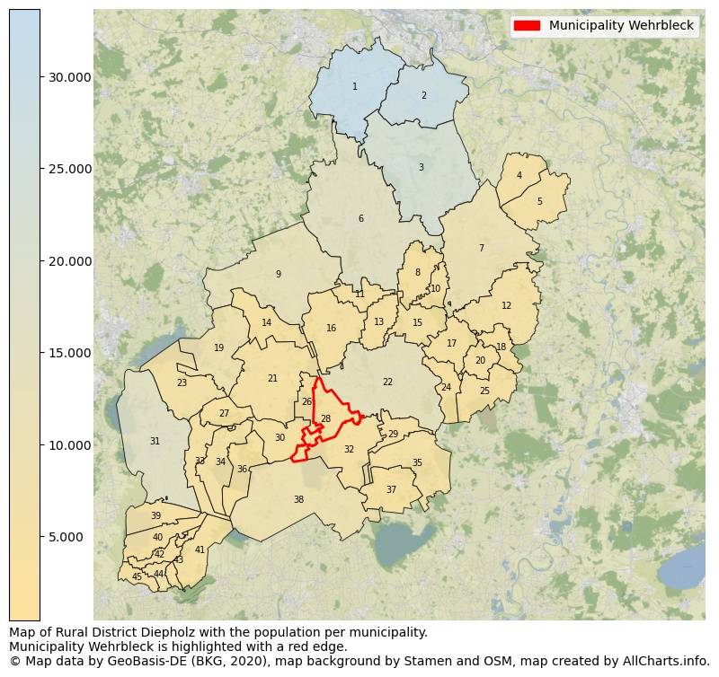 Map of Rural district Diepholz with the population per municipality.Municipality Wehrbleck is highlighted with a red edge.. This page shows a lot of information about residents (such as the distribution by age groups, family composition, gender, native or German with an immigration background, ...), homes (numbers, types, price development, use, type of property, ...) and more (car ownership, energy consumption, ...) based on open data from the German Federal Agency for Cartography, the Federal Statistical Office (DESTATIS), the Regional Statistical Offices and various other sources!