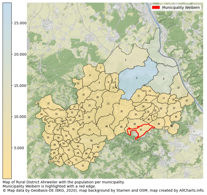 Map of Rural district Ahrweiler with the population per municipality.Municipality Weibern is highlighted with a red edge.. This page shows a lot of information about residents (such as the distribution by age groups, family composition, gender, native or German with an immigration background, ...), homes (numbers, types, price development, use, type of property, ...) and more (car ownership, energy consumption, ...) based on open data from the German Federal Agency for Cartography, the Federal Statistical Office (DESTATIS), the Regional Statistical Offices and various other sources!