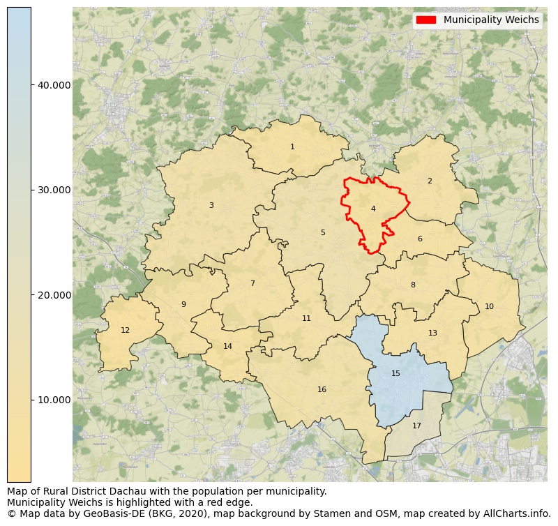 Map of Rural district Dachau with the population per municipality.Municipality Weichs is highlighted with a red edge.. This page shows a lot of information about residents (such as the distribution by age groups, family composition, gender, native or German with an immigration background, ...), homes (numbers, types, price development, use, type of property, ...) and more (car ownership, energy consumption, ...) based on open data from the German Federal Agency for Cartography, the Federal Statistical Office (DESTATIS), the Regional Statistical Offices and various other sources!