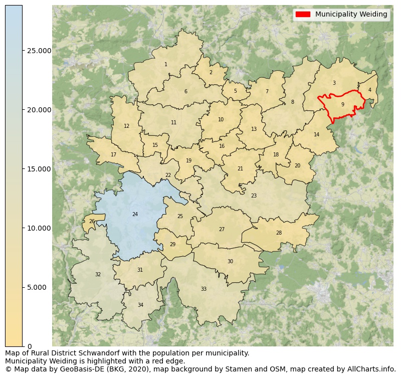 Map of Rural district Schwandorf with the population per municipality.Municipality Weiding is highlighted with a red edge.. This page shows a lot of information about residents (such as the distribution by age groups, family composition, gender, native or German with an immigration background, ...), homes (numbers, types, price development, use, type of property, ...) and more (car ownership, energy consumption, ...) based on open data from the German Federal Agency for Cartography, the Federal Statistical Office (DESTATIS), the Regional Statistical Offices and various other sources!