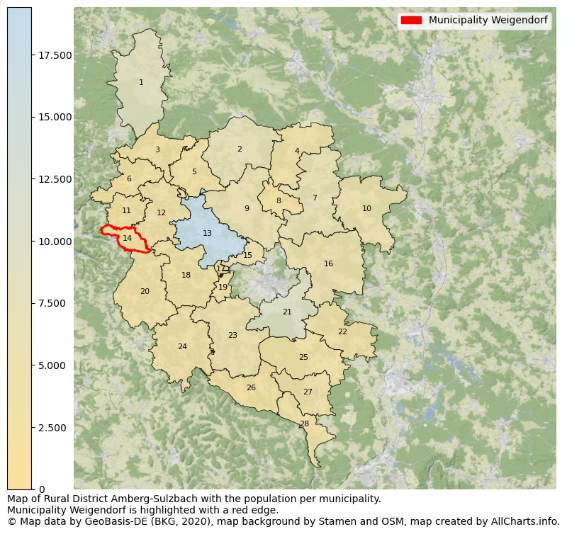 Map of Rural district Amberg-Sulzbach with the population per municipality.Municipality Weigendorf is highlighted with a red edge.. This page shows a lot of information about residents (such as the distribution by age groups, family composition, gender, native or German with an immigration background, ...), homes (numbers, types, price development, use, type of property, ...) and more (car ownership, energy consumption, ...) based on open data from the German Federal Agency for Cartography, the Federal Statistical Office (DESTATIS), the Regional Statistical Offices and various other sources!