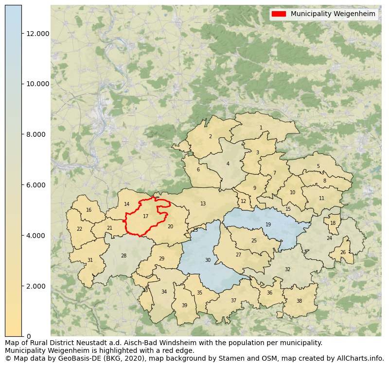 Map of Rural district Neustadt a.d. Aisch-Bad Windsheim with the population per municipality.Municipality Weigenheim is highlighted with a red edge.. This page shows a lot of information about residents (such as the distribution by age groups, family composition, gender, native or German with an immigration background, ...), homes (numbers, types, price development, use, type of property, ...) and more (car ownership, energy consumption, ...) based on open data from the German Federal Agency for Cartography, the Federal Statistical Office (DESTATIS), the Regional Statistical Offices and various other sources!