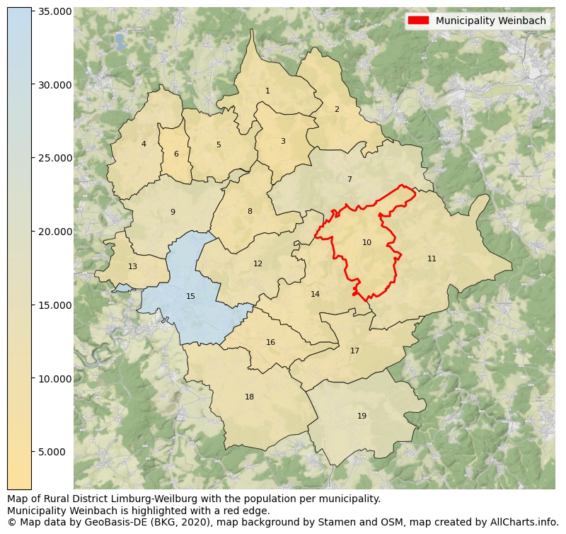 Map of Rural district Limburg-Weilburg with the population per municipality.Municipality Weinbach is highlighted with a red edge.. This page shows a lot of information about residents (such as the distribution by age groups, family composition, gender, native or German with an immigration background, ...), homes (numbers, types, price development, use, type of property, ...) and more (car ownership, energy consumption, ...) based on open data from the German Federal Agency for Cartography, the Federal Statistical Office (DESTATIS), the Regional Statistical Offices and various other sources!