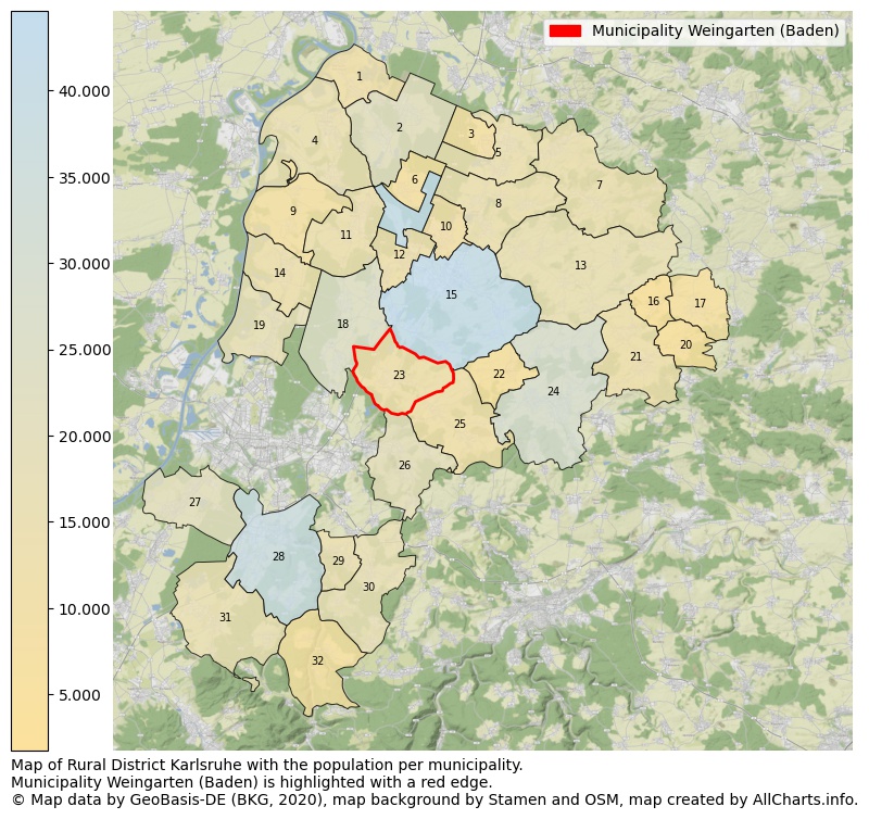 Map of Rural district Karlsruhe with the population per municipality.Municipality Weingarten (Baden) is highlighted with a red edge.. This page shows a lot of information about residents (such as the distribution by age groups, family composition, gender, native or German with an immigration background, ...), homes (numbers, types, price development, use, type of property, ...) and more (car ownership, energy consumption, ...) based on open data from the German Federal Agency for Cartography, the Federal Statistical Office (DESTATIS), the Regional Statistical Offices and various other sources!