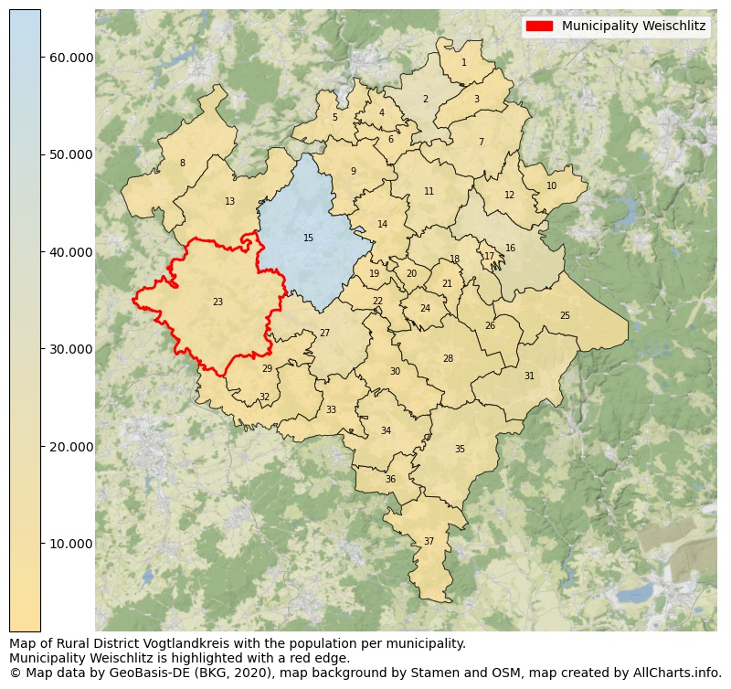 Map of Rural district Vogtlandkreis with the population per municipality.Municipality Weischlitz is highlighted with a red edge.. This page shows a lot of information about residents (such as the distribution by age groups, family composition, gender, native or German with an immigration background, ...), homes (numbers, types, price development, use, type of property, ...) and more (car ownership, energy consumption, ...) based on open data from the German Federal Agency for Cartography, the Federal Statistical Office (DESTATIS), the Regional Statistical Offices and various other sources!