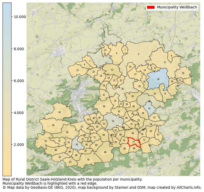Map of Rural district Saale-Holzland-Kreis with the population per municipality.Municipality Weißbach is highlighted with a red edge.. This page shows a lot of information about residents (such as the distribution by age groups, family composition, gender, native or German with an immigration background, ...), homes (numbers, types, price development, use, type of property, ...) and more (car ownership, energy consumption, ...) based on open data from the German Federal Agency for Cartography, the Federal Statistical Office (DESTATIS), the Regional Statistical Offices and various other sources!