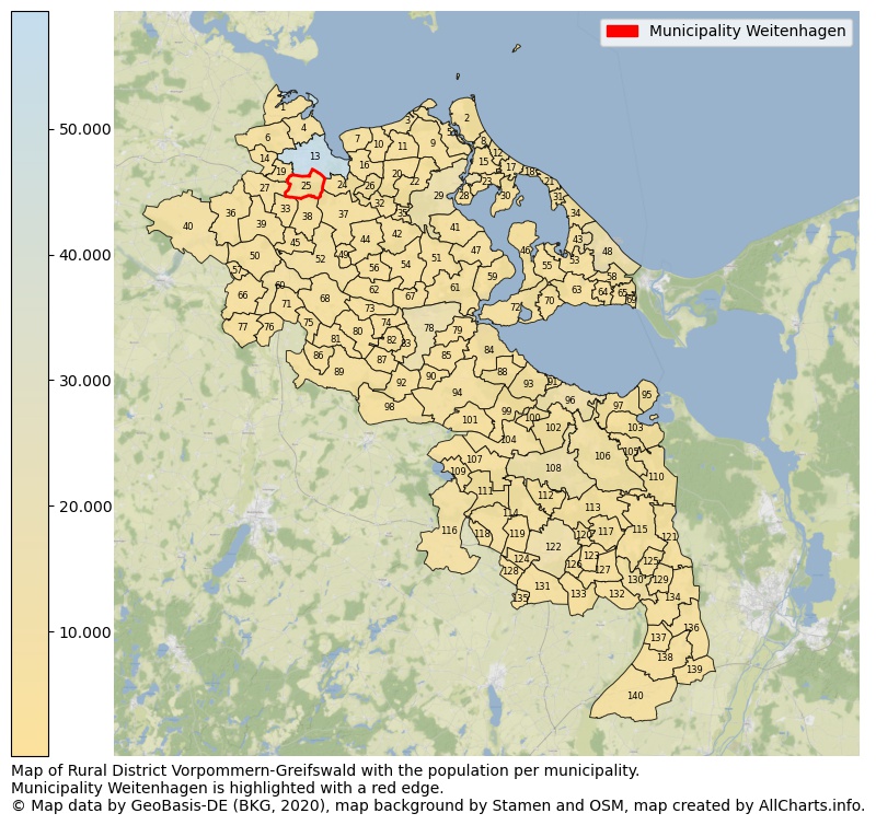Map of Rural district Vorpommern-Greifswald with the population per municipality.Municipality Weitenhagen is highlighted with a red edge.. This page shows a lot of information about residents (such as the distribution by age groups, family composition, gender, native or German with an immigration background, ...), homes (numbers, types, price development, use, type of property, ...) and more (car ownership, energy consumption, ...) based on open data from the German Federal Agency for Cartography, the Federal Statistical Office (DESTATIS), the Regional Statistical Offices and various other sources!